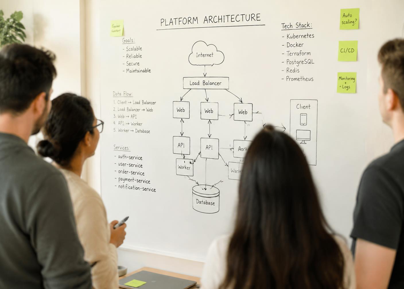 Team of engineers discussing a platform architecture diagram drawn on a whiteboard