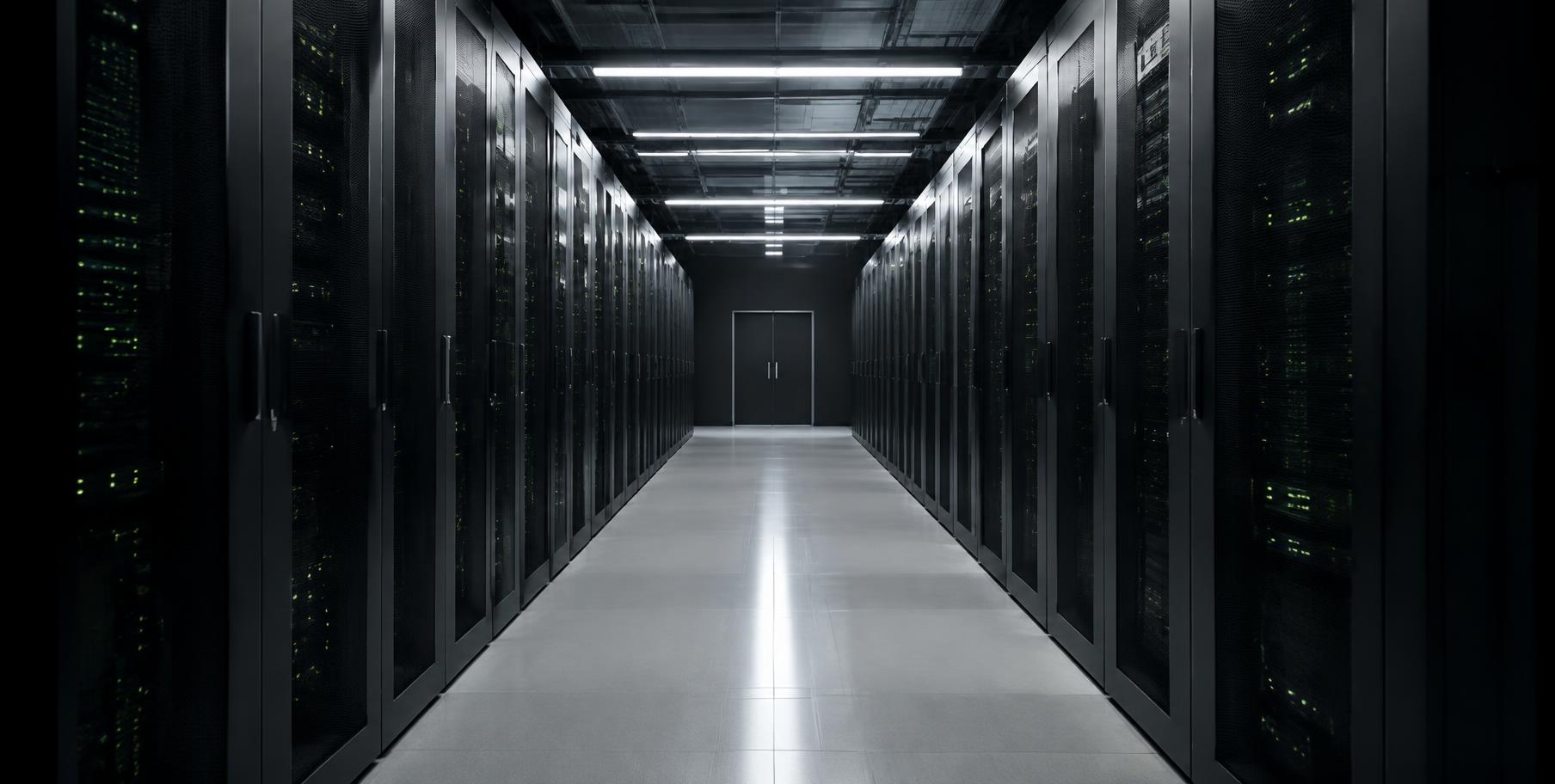 Long data centre corridor lined with server cabinets showing green status lights